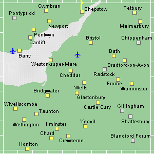 Active map showing Somerset,
                  Glamorgan and Gloucestershire - Click a yellow square
                  to view all accommodation in that place